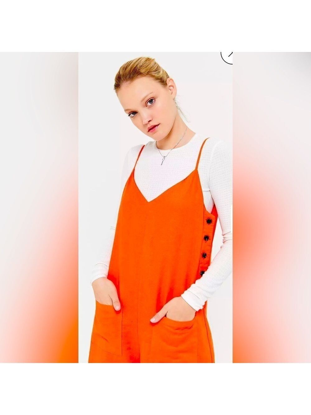 🔥NEW🔥 Urban Outfitters by Lost+Wander Papaya Soft Linen Button Side Jumpsuit LG - Picture 4 of 11